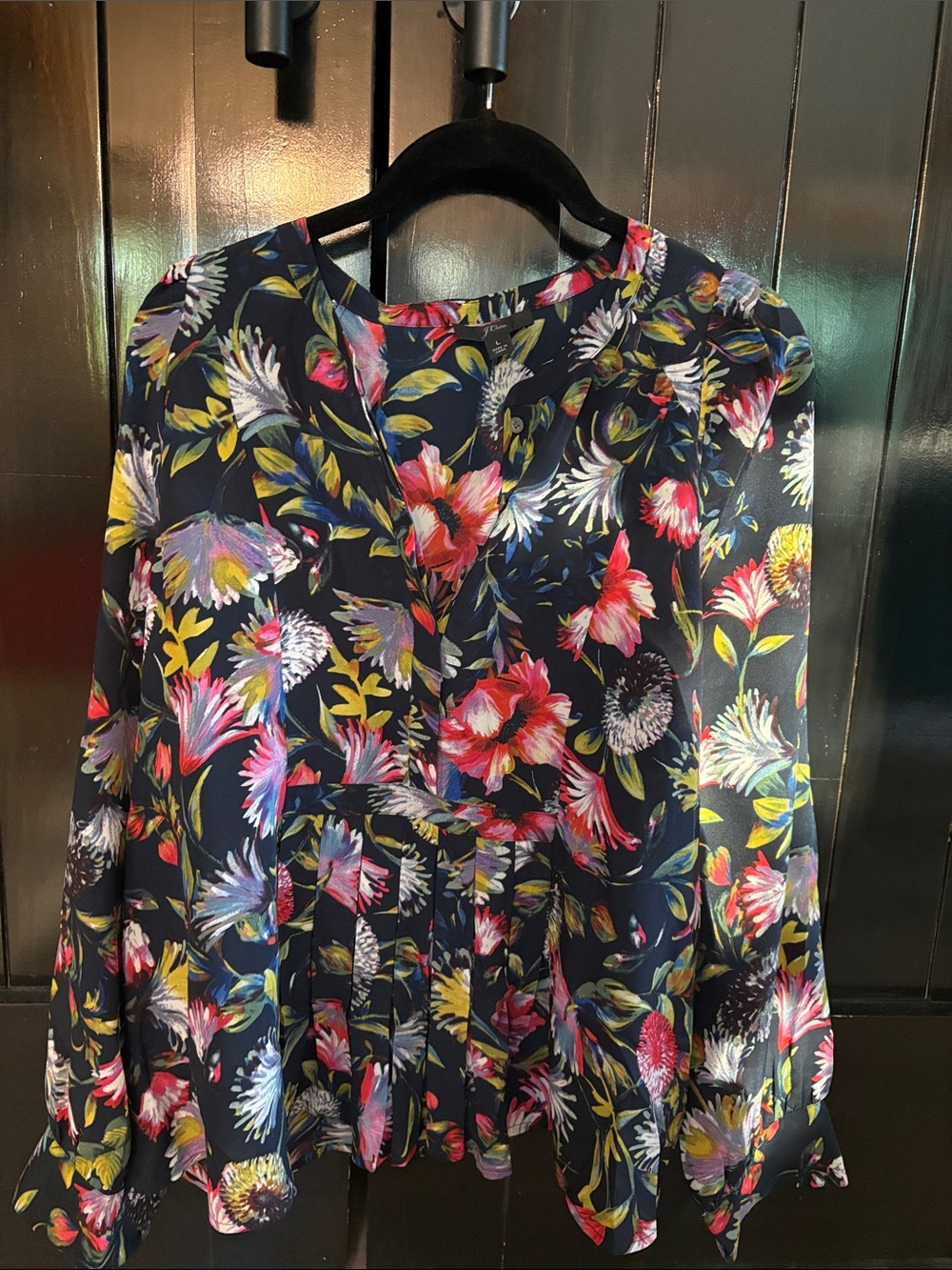 100% Silk J. Crew Black Floral V-Neck Peplum Blouse